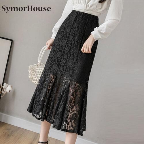 Plus Size White Skirt Women 2020 Streetwear Korean Fashion Long Lace Office Skirts Stretch Slim Elegant Back A-line Skirt