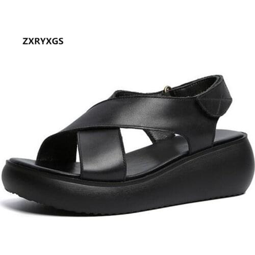 2021 New Summer Open Toe Genuine Leather Women Sandals Light Wear Heighten Shoes Sandals Comfortable Casual Cross Roman Sandals
