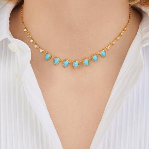 Blue tear drop Turquoises Stone CZ charm link chain choker necklace for women Gold collars