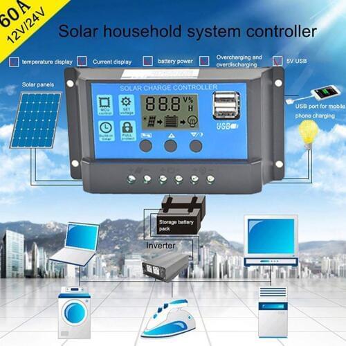60A/50A/40A/30A/20A/10A Auto Solar Charge Controller PWM Controllers LCD Dual USB 5V Output Solar Panel PV Regulator 12V 24V