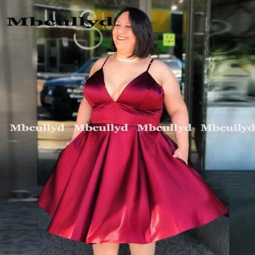 Burgundy Plus Size Cocktail Dresses Sexy V Neck A Line Stretch Satin Short Elegant Party Dresses robe de cocktail 2020