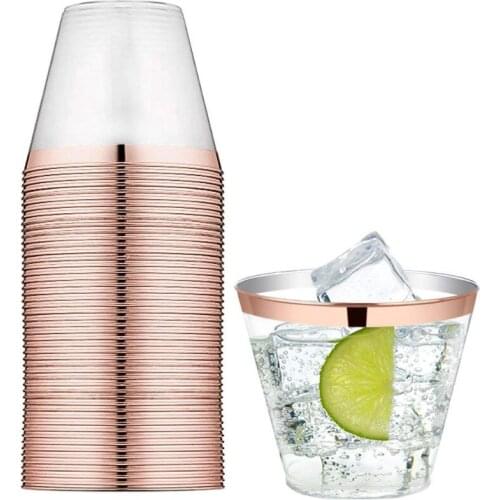 25/50Pcs Rose Gold 9oz Disposable Rose Gold Transparent Hot Stamping Cup Plastic Cup Home Decoration