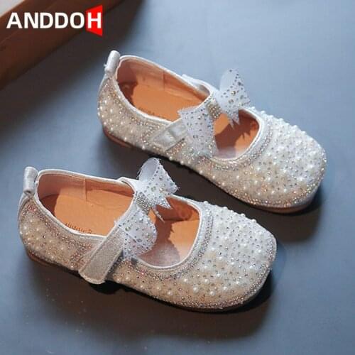 Size 21-30 Children Pearl Rhinestone Leather Shoes Girls Kids Cute Bow Princess Single Shoes Baby Fashion Non-slip Toddler Shoes