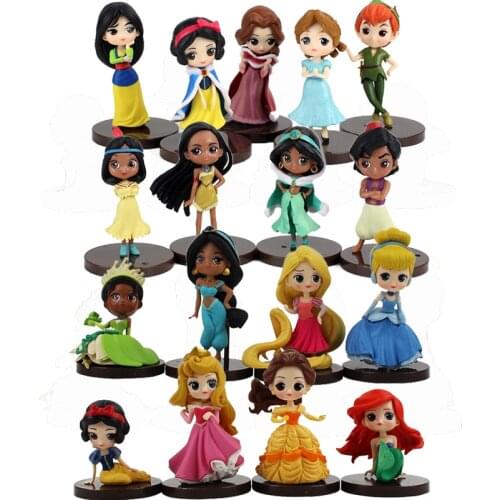 17pcs 6-8cm Princess Q Posket Snow White Cinderella Belle Mulan Mermaid Tangled Aladdin Action Figure Mini Model Toys Kids Gift