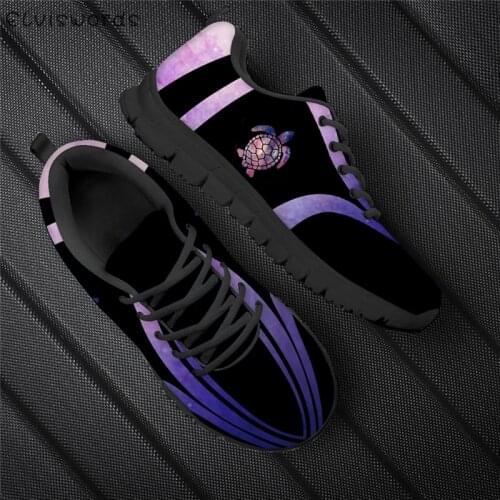 ELVISWORDS Hot Sale Ladies Flats Line Sea Turtle Pattern Breathable Lace Up Sneakers for Women Outside Flat Shoes Light Air Mesh
