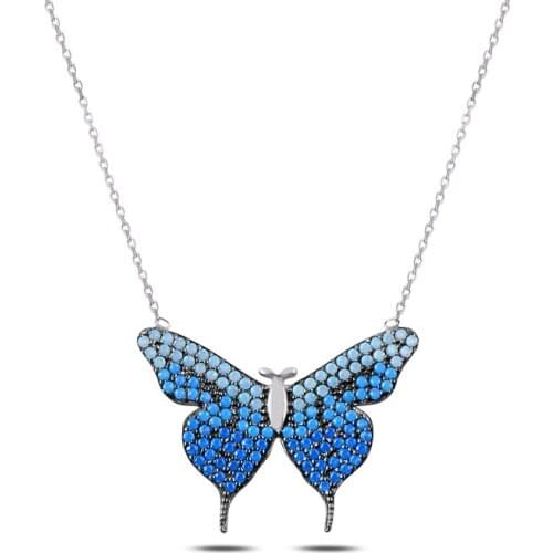 KUTAYDAN Blue Grayscale Nano Cubic Zirconia Butterfly Pendant 925 Sterling Silver