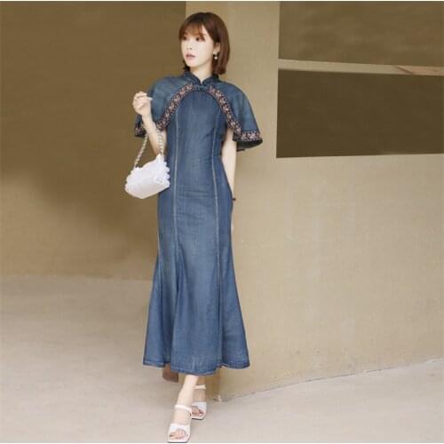 Summer Embroidery Dress 2020 Vinage Denim Women Dresses Stand Collar Cloak Sleeve Mermaid Vestidos Q2200 Cheongsam Vestido