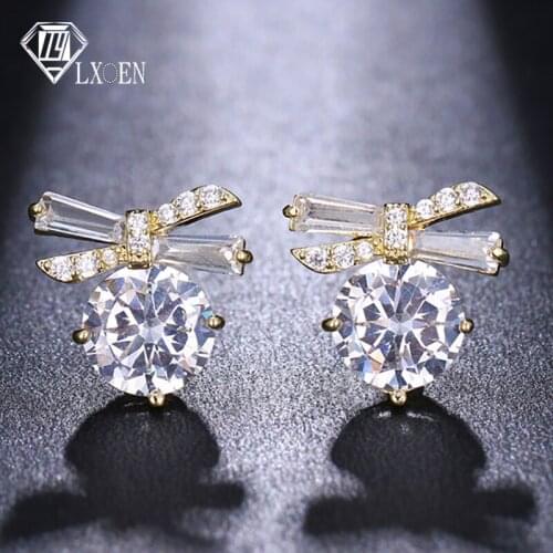LXOEN Elegant Cute Zirconia Round Stud Earrings Bow Studs Ear Silver Color Wedding Earrings Party Jewelry for Women Gift