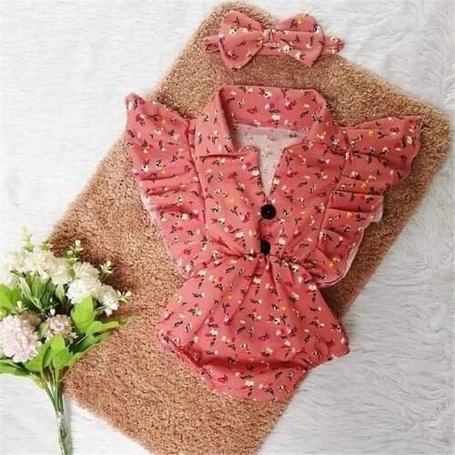 Lovely Newborn Girls Bodysuits Flower Print Flying Sleeve Romper+Headwear for Birthday Party Photography Cotton Girls Sunsuits