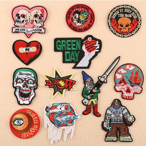 Skull Stripe Rock Embroidery Patch Iron on Patches for Clothing Heat Transfer Badges Sew on Stickers on Clothes Appliques DIY G