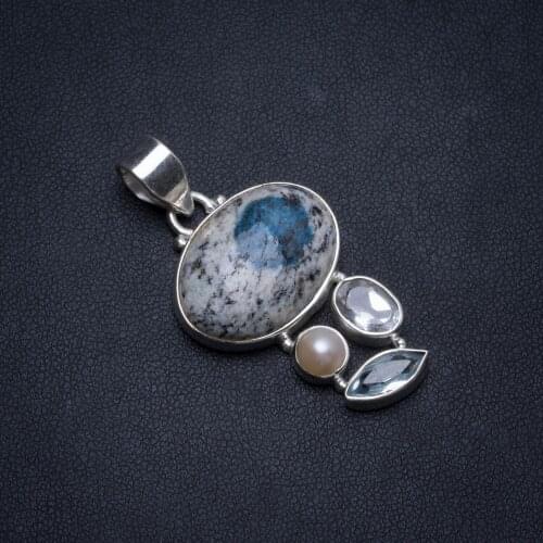 Natural K2 Azurite,White Topaz,Blue Topaz&River Pearl 925 Sterling Silver Pendant 1.75" W0142