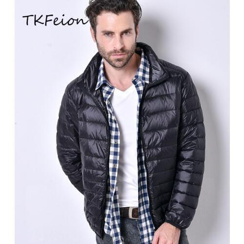 Solid Striped Mens Autumn Coats Garment Light Thin Style 2019 Fashion Male Fall Basic Jackets Warm Duck Down Filler Stand Collar