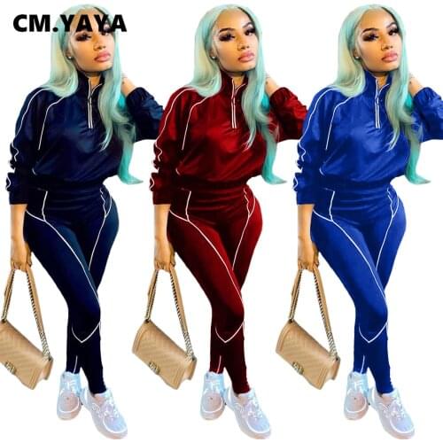 CM.YAYA Autumn Velvet Womens Set Zipper Neck Sweatshirt Jogger Pants Suit Active Wear Tracksuit Two Piece Set Fitness Outfit