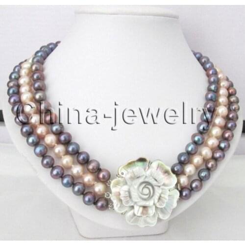 18.5-20.5" 3row 9-10mm black & pink round freshwater pearl necklace