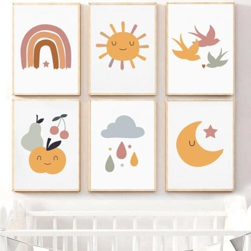 Cartoon Anima Sun Stars Posters and Prints Moon Rainbow Canvas Prints Kids Room Wall Art Decoration Picture Childrens Room Art