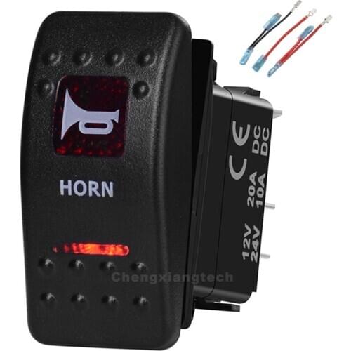 Horn Printed Rocker Switch Red Led 5 pin MOMENTARY ON / OFF SPST Waterproof for Car Boat 12v/24v+Jumper Wires Set
