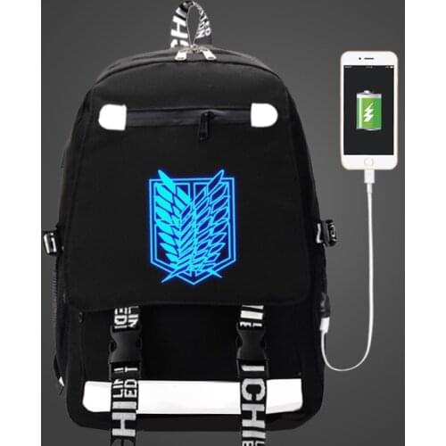 Attack on Titan Wing of Freedom Backpack USB Bag travel School Luminous Book Bag USB teenager Laptop Zipper bag Glow in the dark