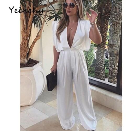 Yeinchy sexy women Deep V-Neck sleeveless Open Back Loose Wide Leg Shape Jumpsuit FM6258