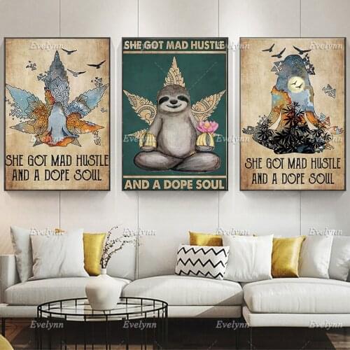 Yoga Girl Vintage Poster,Funny Sloth Yoga Canvas She Got Mad Hustle And A Dope Soul Prints Yoga Lovers Wall Art Home Decor