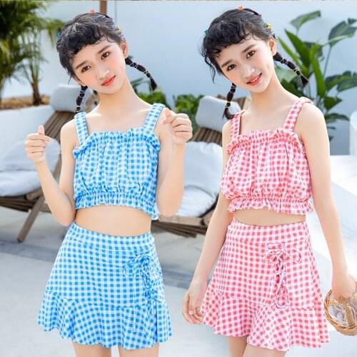 2021 New Fashion Childrens Plaid Korean Version of Ins Wind 8-14 Year Old Girls Split Skirt Hot Spring Swimsuit