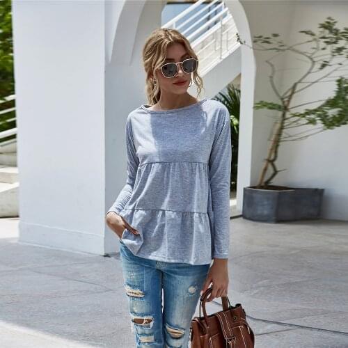 Women Patchwork Long Sleeve T-shirt Top Solid Color Casual Loose Pleated Tee Spring Autumn O-neck Fashion Streetwear Pullovers
