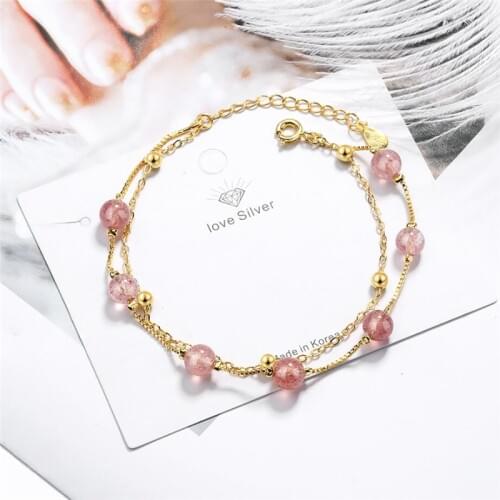 Sole Memory Pink Strawberry Crystal Double Layer Sweet Lovely Fresh 925 Sterling Silver Female Resizable Bracelets SBR181