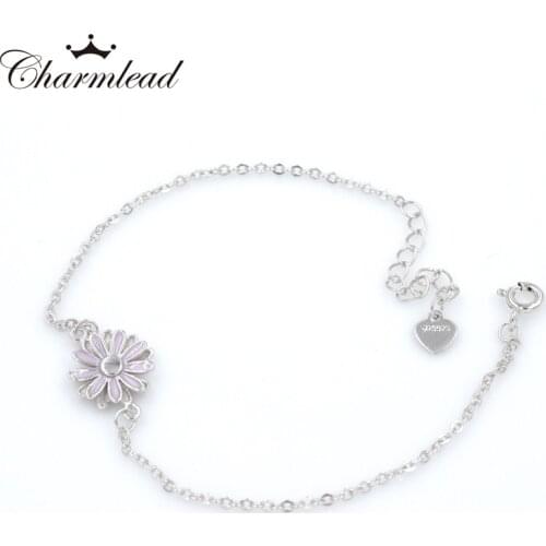 2017 New Fashion Authentic 925 Sterling Silver Bracelet For Women Pink Enamel Daisy Jewelry Charm Bracelets & Bangles For Girl