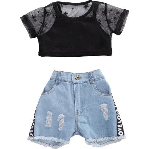 0-5Y Summer Infant Baby Girls 3pcs Clothes Sets Black Vest+Net Short Sleeve Tops+Blue Denim Shorts