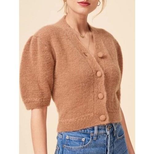 V-neck Womens Short Puff Sleeve Knit Cardigan Single Breasted Solid Color Short Sweater Knitted Coat