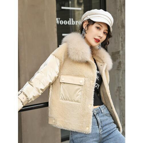 Real 2020 Fur Coat Female Lamb Fur Down Jacket Winter Coat Women Real Fox Fur Collar 100% Wool Coat Manteau Femme B8907