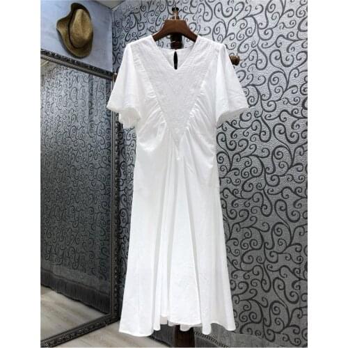 100%Cotton Womens Dress 2021 Summer Clothes Ladies V-Neck Exquisite Embroidery Short Sleeve Mid-Calf White Green Dress Vestido