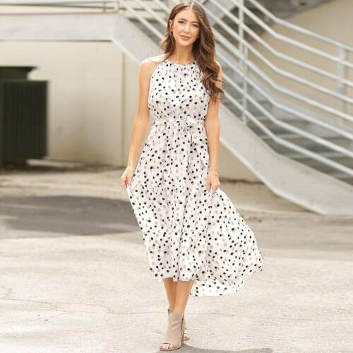 Casual Sleeveless Polka Dot Backless Midi Dress Woman Summer Fashion O-neck Belt White A-line Dresses For Women 2021 Robe Femme