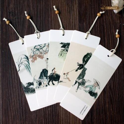 1pcs Chinese style Rustic bookmarks Shepherd Chinese ink painting bookmarks Gifts Elegant string beads 5 sheets