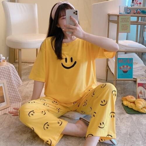 2021 Summer Cotton Short Sleeve Long Pants Pajama Set for Women Korean Loose Sleepwear Pyjama Homewear Pijama Mujer Home Clothes