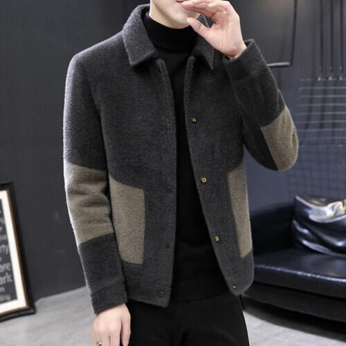 2021 New Men Autumn Winter Wool Blends Coats Patchwork Faux Mink Fur Jacket Male Slim Fit Thick Warm Fluffy Clothing D170