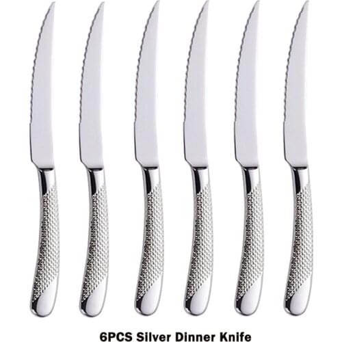 6pcs/set 304 Stainless Steel Golden Sharp Knife Tablewares Steak Knives Cutlery Dinner Knife Set Silver Restaurant Home Knives
