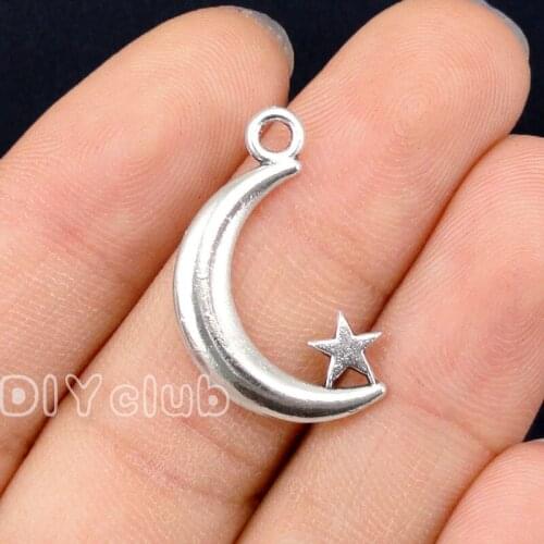 80pcs- Antique Silver Moon And Star Charms Pendant 25x15mm