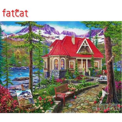 FATCAT 5d diy Diamond Painting Snow Mountain Red House Diamond Embroidery Sale Full Square Round Drill Mosaic stickers AE2415