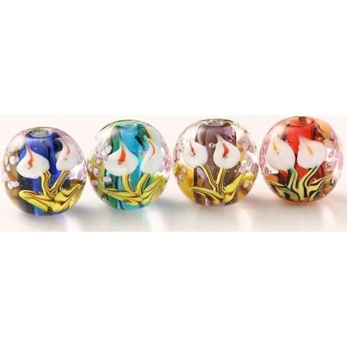 4pcs 16mm High Level Calla Lily Flower Murano Glass Beads Multicolor Round Lampwork Bead Fit Fashion Original Charms Bracelet