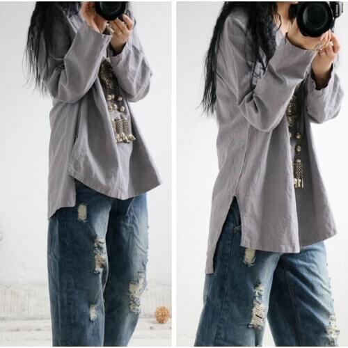 Women Loose V Neck Linen T-shirt Tees Shirt Tops Ladies Solid Flax Tee Shirt Female Vintage Irregular Length Tops Spring Autumn