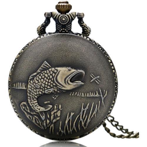 Hot Sale Bronze Fishing Theme Quartz Pendant Pocket Watch With Necklace Chain For Fisher Anglers
