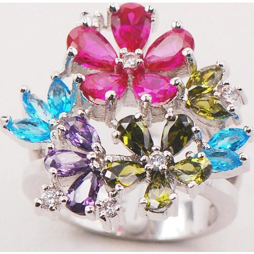 Garnet Blue Crystal Zircon Peridot Women 925 Sterling Silver Ring F711 Size 6 7 8 9 10