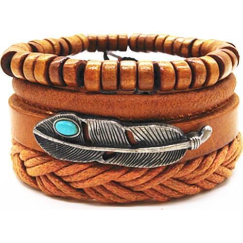 Khaki Feather Ethnic 4 Pcs/set Beaded Handmade Woven Leather Men Bracelets Women Vintage Bangle Male Homme Jewelry Accessories