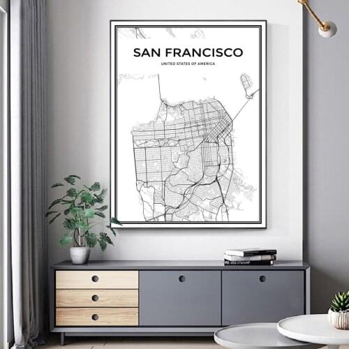 San Francisco Black White Famous City Map Canvas Paintings Wall Art Pictures Living Room City Posters and Prints for Home Decor