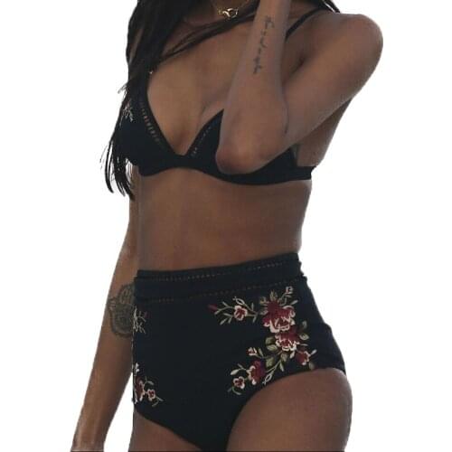 2Pcs Rose Flower Embroidery Black Bikinis Set Sexy Women Floral Swimwear Push-Up Padded Brazilian Swimsuit Bathing Suit