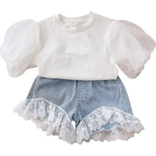 2pcs Fashion Summer Toddler Baby Kids Girls Outfits Sweet White Short Sleeve T shirt top+Lace Patchwork Denim Shorts Set
