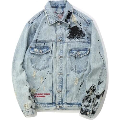 Mens Graffiti Denim Jackets Streetwear 2020 Hip Hop Print Casual Patchwork Ripped Distressed Punk Rock Jeans Coats Outwear