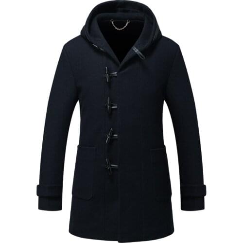 Men Woolen Blend Slim Fit Hooded Overcoats Warm Coat Outwear Horn Button Black Navy