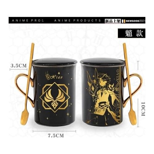 New Anime Genshin Impact Paimon Xiao Keqing Zhongli Hu Tao Ceramic Coffee Water Mug Cup Gold Stamping Unisex Spoon + Cup + Lid
