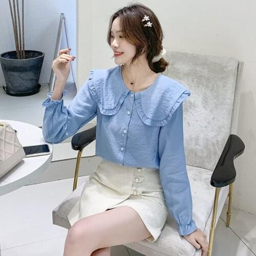2021 autumn new sweet college style doll collar long-sleeved chiffon shirt womens thin temperament top blouse tide